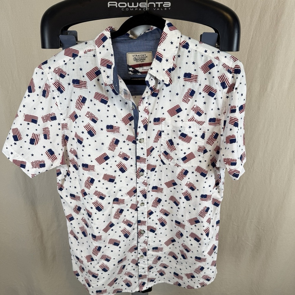 Straight Faded Men's Medium Button Up USA Flag All Over‎ Print USA250
